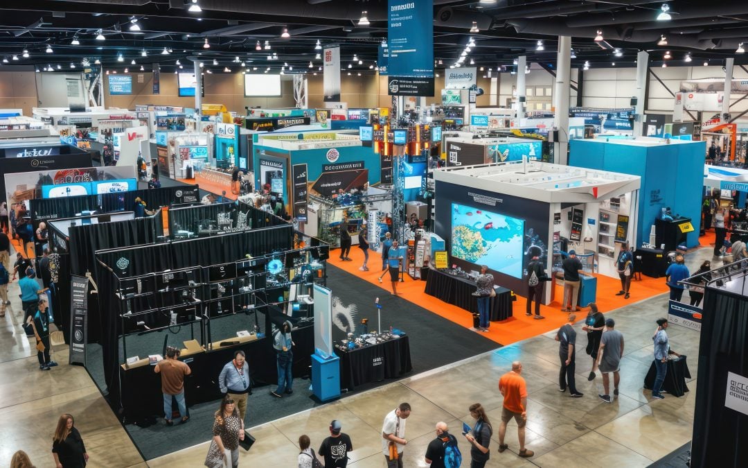 Bustling high-tech convention center with innovative exhibits